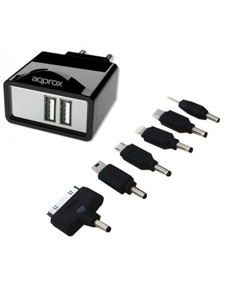 CARGADOR  5V ENCHUFE 2 X UNIVE RSAL + 6 TIPS NEGRO PN: APPUATS EAN: 8435099522461