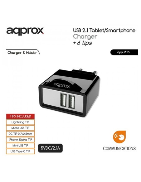 CARGADOR  5V ENCHUFE 2 X UNIVE RSAL + 6 TIPS NEGRO PN: APPUATS EAN: 8435099522461